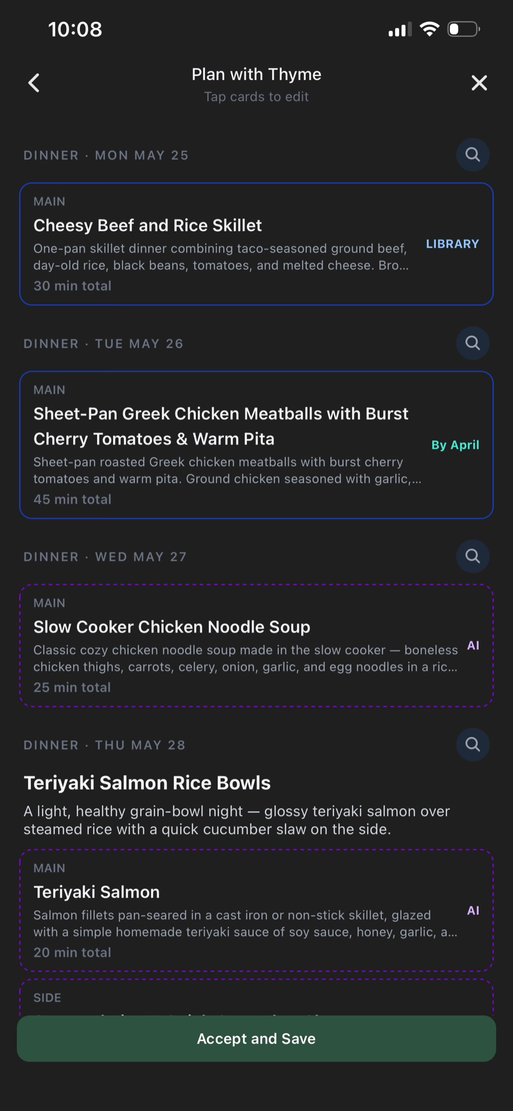A planned week of meals in the About Thyme app.