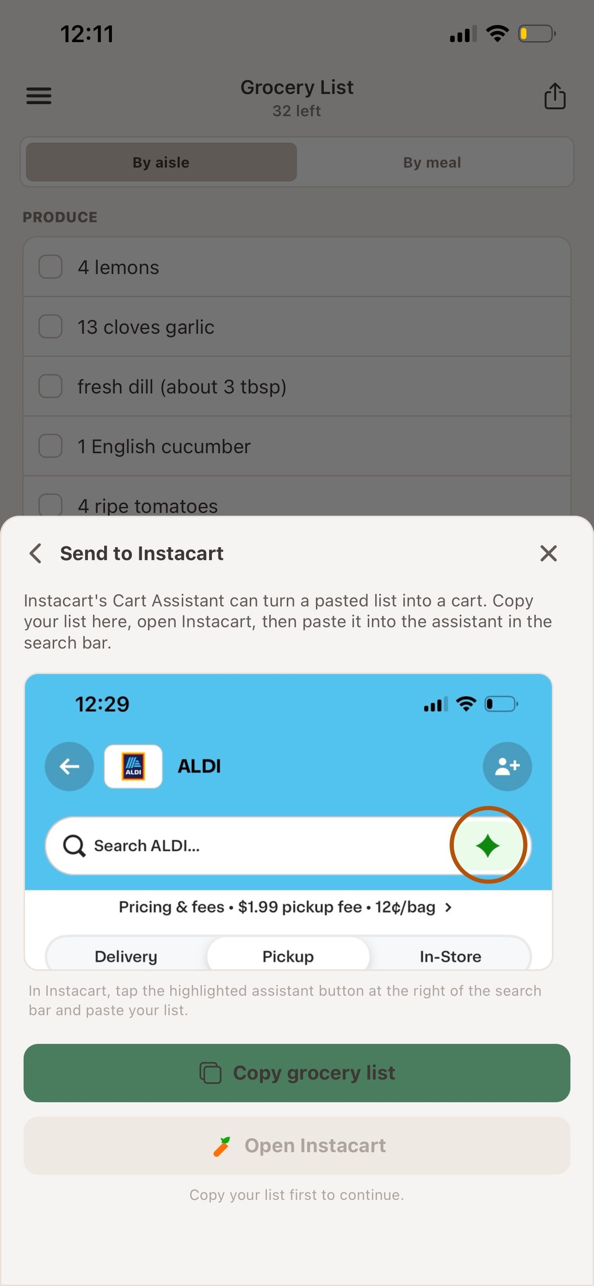 Sending a weekly grocery list to Instacart from the app.