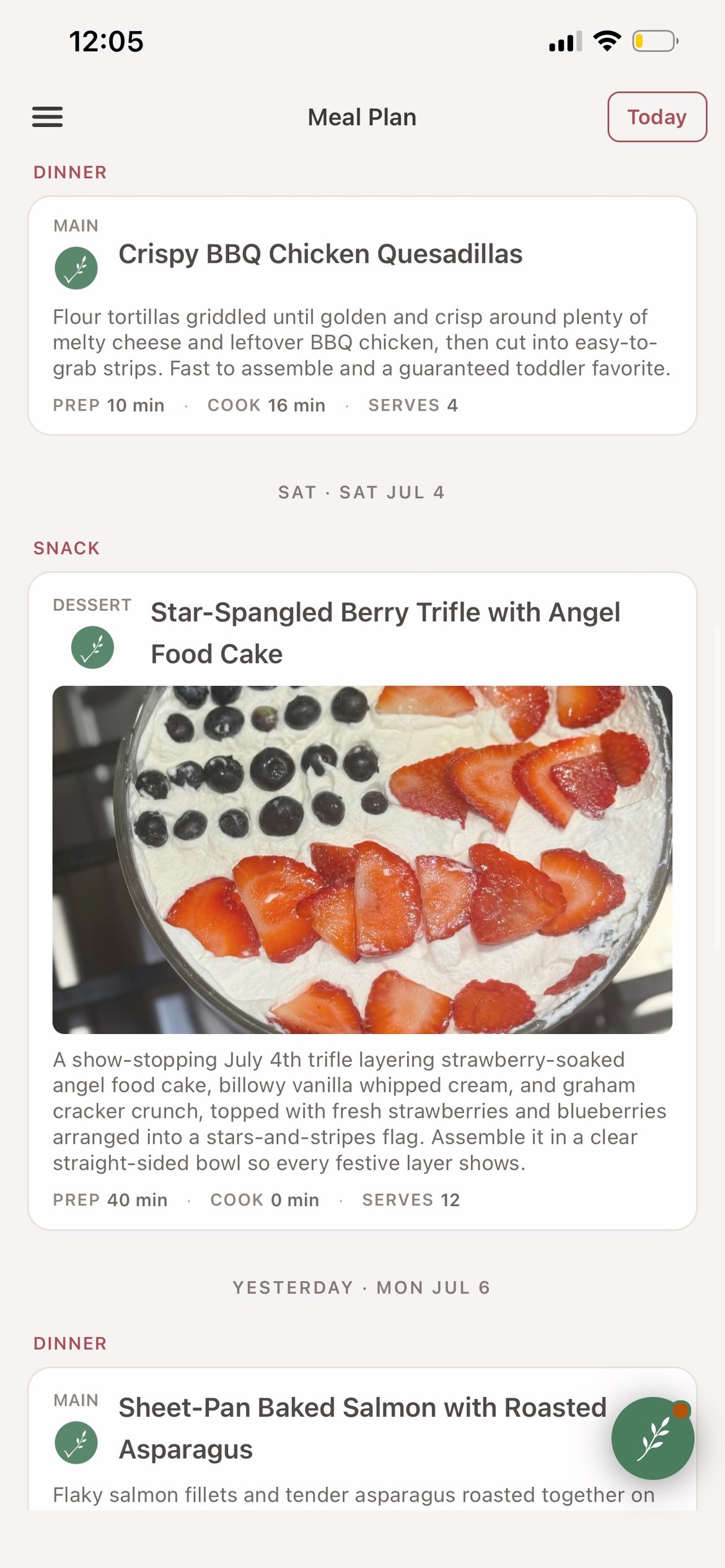 A planned week of meals in the About Thyme app.
